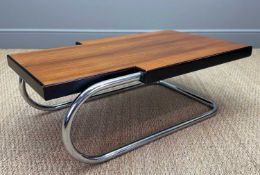 MID-CENTURY TUBULAR CHROME & TEAK CANTILEVER COFFEE TABLE, attributed to Mario Bellini, 32 (h) x