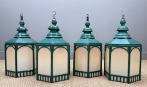 FOUR CARDIFF MARKET PAINTED COPPER LANTERNS, hexagonal section, probably manufactured by D.W.