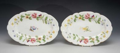PAIR OF NANTGARW PORCELAIN OVAL PLATES, moulded border, decorated with a vine of flowers and
