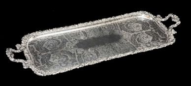 GOOD ELECTROPLATED DRINKS TRAY, long rectangular with twin scrolled handles, raised edge embossed