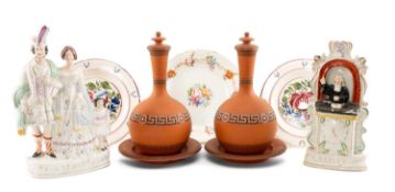 ASSORTED ANTIQUE POTTERY & PORCELAIN, including pair of Watcombe 'Pompeii' flasks, covers, and