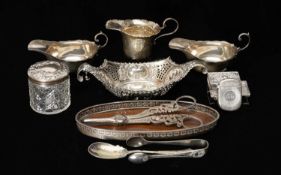 ASSORTED SMALL SILVER COLLECTABLES, including pair of sauceboats, cream jug, vesta case, two