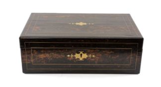 EARLY 19TH CENTURY BRASS INLAID CALAMANDER WRITING SLOPE, strung and inlaid with shaped escutcheons,