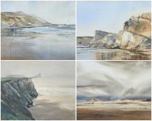 JONATHAN TAYLOR watercolours – four views of South Wales and Gower beaches, signed, largest 34.5 x