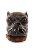 19TH C. CONTINENTAL CARVED PUG INKWELL, probably Black Forest region, hinged cover, inset glass eyes