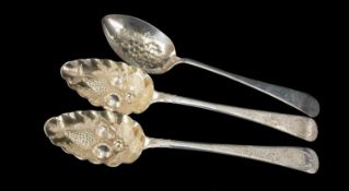 PAIR GEORGE III SILVER ARMORIAL BERRY SPOONS, Thomas Wallis II, London 1804, engraved handles with