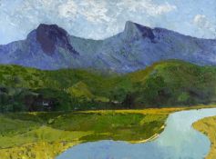 GWILYM PRICHARD (1931-2015) oil on canvas - mountainous landscape with flowing river in the