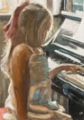 DAI DAVID mixed media - girl sat at piano, signed lower right, 34 x 23cms Provenance: private