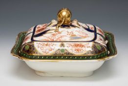 SWANSEA PORCELAIN VEGETABLE TUREEN & COVER in the Gazebo pattern, having a gilded pomegranate form