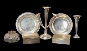 ASSORTED SILVER DESK OR TABLEWARE, including two cigarette boxes 11.5cms (w), triple and single posy