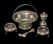 ASSORTED SILVER TABLEWARE, including two Victorian cauldron salts by Henry Holland, pair of