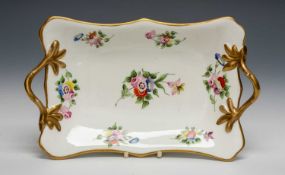 SWANSEA PORCELAIN TWIG-HANDLED DISH, non-moulded, gilt handles with leaf terminals, solid gilt