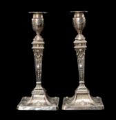 PAIR VICTORIAN SILVER CANDLESTICKS, Thomas A. Scott, Sheffield 1894, in the Adam style, detachable