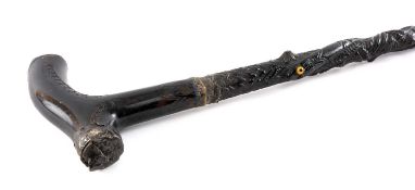 INTERESTING 19TH C. CARVED BLACKTHORN WALKING CANE, possibly Irish, carved in relief with a snake