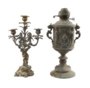FRENCH BRONZE FIGURAL CANDELABRUM & CLASSICAL REVIVAL OIL LAMP, lamp 40cms (h) (2) Provenance: