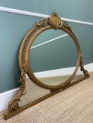 VICTORIAN OVAL OVERMANTEL MIRROR, pierced trellis and beaded frame with oval putti plaque crest,