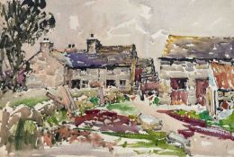 ‡ WILL EVANS (1888-1957) watercolour on card - farmstead with poultry feeding, unsigned, 39 x