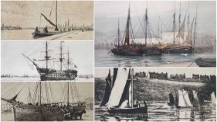 VARIOUS ARTISTS drypoint etchings - maritime views of boats and ships at anchor, artists including