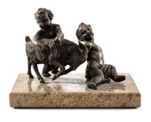 VICTORIAN SILVER FIGURE GROUP, modelled as two putti with goat, on later fossil marble base, base