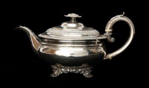 GEORGE IV SILVER TEAPOT, London 1822, with foliate knop, spout, and handle, reeded and gadrooned
