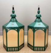 PAIR OF LARGE CARDIFF MARKET PAINTED COPPER LANTERNS, hexagonal section, manufactured by D.W.