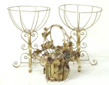 PAIR OF GOLD PAINTED STRAP IRON & WIRE WORK PEDESTAL FLOWER BASKETS, 59 (h) x 42cms (diam.); and a