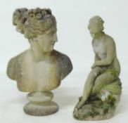 WELL WEATHERED RECONSTITUTED STONE BUST OF VENUS, 68cms (h); together with a reconstituted stone