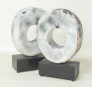 TWO BARBARA HEPWORTH INSPIRED CARVED WOODEN GARDEN SCULPTURES, 67cms (h) Provenance: The