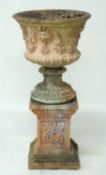 DECORATIVE & WEATHERED RECONSTITUTED STONE ROMANESQUE GARDEN URN, on square plinth, 110 (h) x