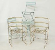 PAIR OF GOLD PAINTED STRAP METAL GARDEN CHAIRS, 96 (h) x 55cms (w); and a modern green painted metal