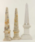 PAIR POLISHED ALABASTER OBELISKS, 33cms (h), a white composite marble obelisk, 40cms (h) (3)