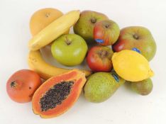 PENKRIDGE POTTERY REALISTIC FRUITS, comprising cooking apples, pears, bananas, pomegranate, lemon,