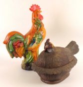MAJOLICA GLAZED POTTERY COCKEREL, late 20th century, 48cms (h); together with a carved wooden hen on