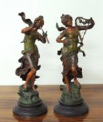 AFTER MOREAU: PAIR OF FRENCH ART NOUVEAU STYLE BRONZED SPELTER FIGURES, 'Muse des Bois' and '