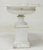 VICTORIAN CAST IRON GARDEN PEDESTAL URN, late 19th century, wide shallow form with egg and dart