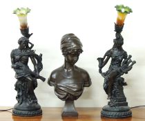 PAIR OF DECORATIVE BRONZE FINISH COMPOSITE FIGURAL TABLE LAMPS, in the French taste, 69cms (h);