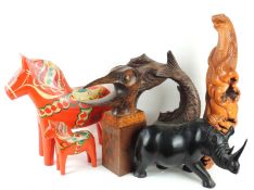 CARVED WOODEN ANIMALIER SCULPTURES including well carved iguana lizard, 59cms, Piscean carved wooden