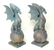 PAIR OF DECORATIVE BRONZE-FINISHED HOLLOW RESIN DRAGON FINIALS, 85cms (h) Provenance: The collection