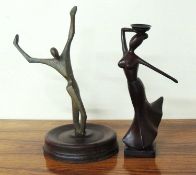 MANNER OF STEPHEN BROADBENT (b. 1961): BRONZE FIGURE, standing with arms held high, mounted on a