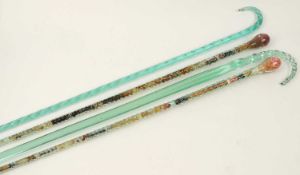 STOURBRIDGE GLASS WALKING CANE, mid-19th century, white spiral tapes, 95cms (l); together with a