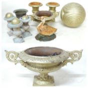 PAIR OF SMALL GILT PAINTED CAST IRON ORNAMENTAL URNS, 23cms (h); pair of twin-handled cast iron