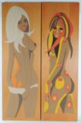 PAIR 1970s HESSIAN PANELLED WOODEN TAPESTRIES, glamourous ladies, inscribed verso 'Bought 1979', 122