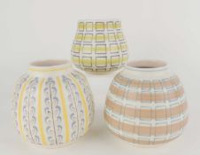 THREE POOLE POTTERY CONTEMPORARY VASES, comprising YHS (185), 12cms (h); PJL (349), 10cms (h); and