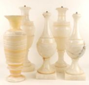 TWO PAIRS CARVED ALABASTER TABLE LAMP BASES, 51cms (h) and 46cms (h) (no fittings) and alabaster