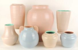 POOLE PASTEL GLAZED VASES, including Art Deco vase (768), pastel blue with pink handles, 17cms (