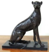 ART DECO STYLE BRONZE SCULPTURE OF A CHEETAH, on black marble base, unsigned, 38 (h) x 37cms (w)