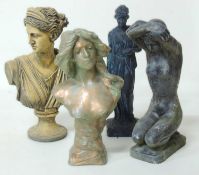 TERRACOTTA FINISH RECONSTITUTED STONE BUST OF DIANA, 53cms (h); together with a Parisian style