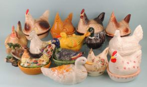 COLLECTION OF MODERN POTTERY HEN ON NEST EGG BASKETS, also including duck on nest, a novelty duck