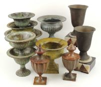 PAIR BRONZE PATINATED LIDDED CASSOULETS, 23.5cms (h), seven patinated bronze and pressed metal urns,