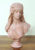 CAST PLASTER BUST OF A RENAISSANCE LADY, tinted pink to simulate terracotta, 57cms (h) Provenance: